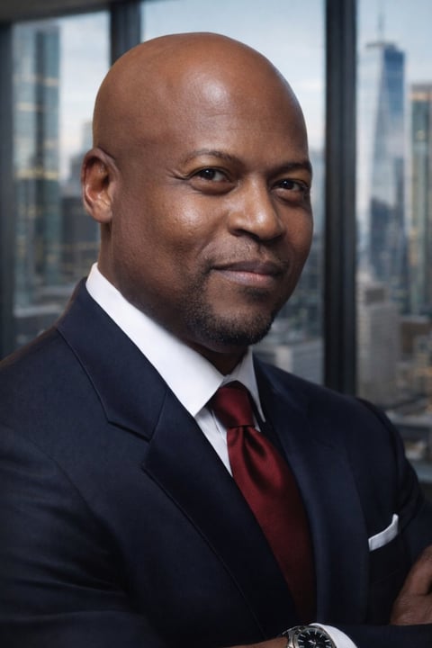 Professional man in dark suit and red tie posing against a backdrop of city skyscrapers