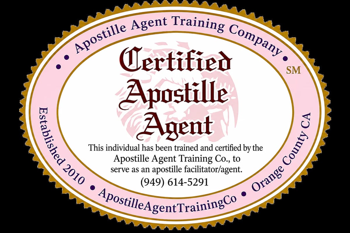Certified Apostille Agent certificate from Apostille Agent Training Company showing training completion and authorization