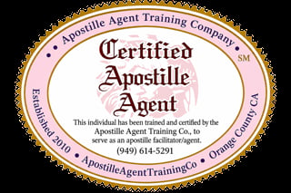 Certified Apostille Agent certificate from Apostille Agent Training Company showing training completion and authorization