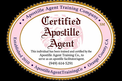 Certified Apostille Agent certificate from Apostille Agent Training Company showing training completion and authorization