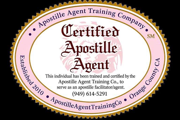 Certified Apostille Agent certificate from Apostille Agent Training Company showing training completion and authorization